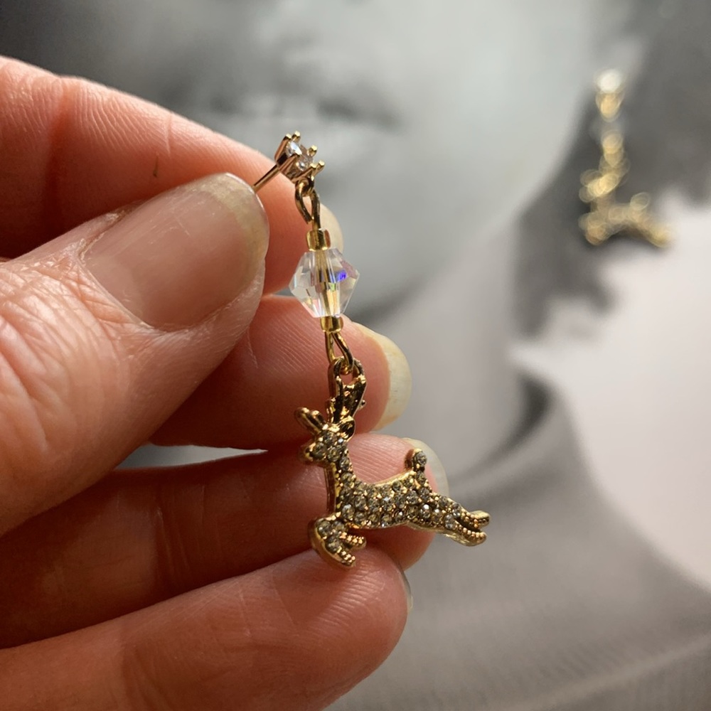 Cubic Zirconia Stud Post W Drop Dangling Sparkling Reindeer in Gold Tone NEW